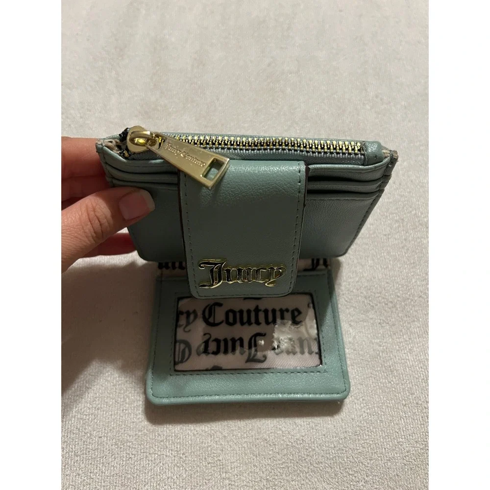 Juicy Couture Sage Green Card Holder Wallet Gold Studded ID Window Zip Pocket